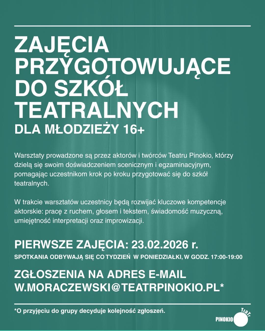 Warsztaty: Grupa przygotowawcza do szkół teatralnych 16+
